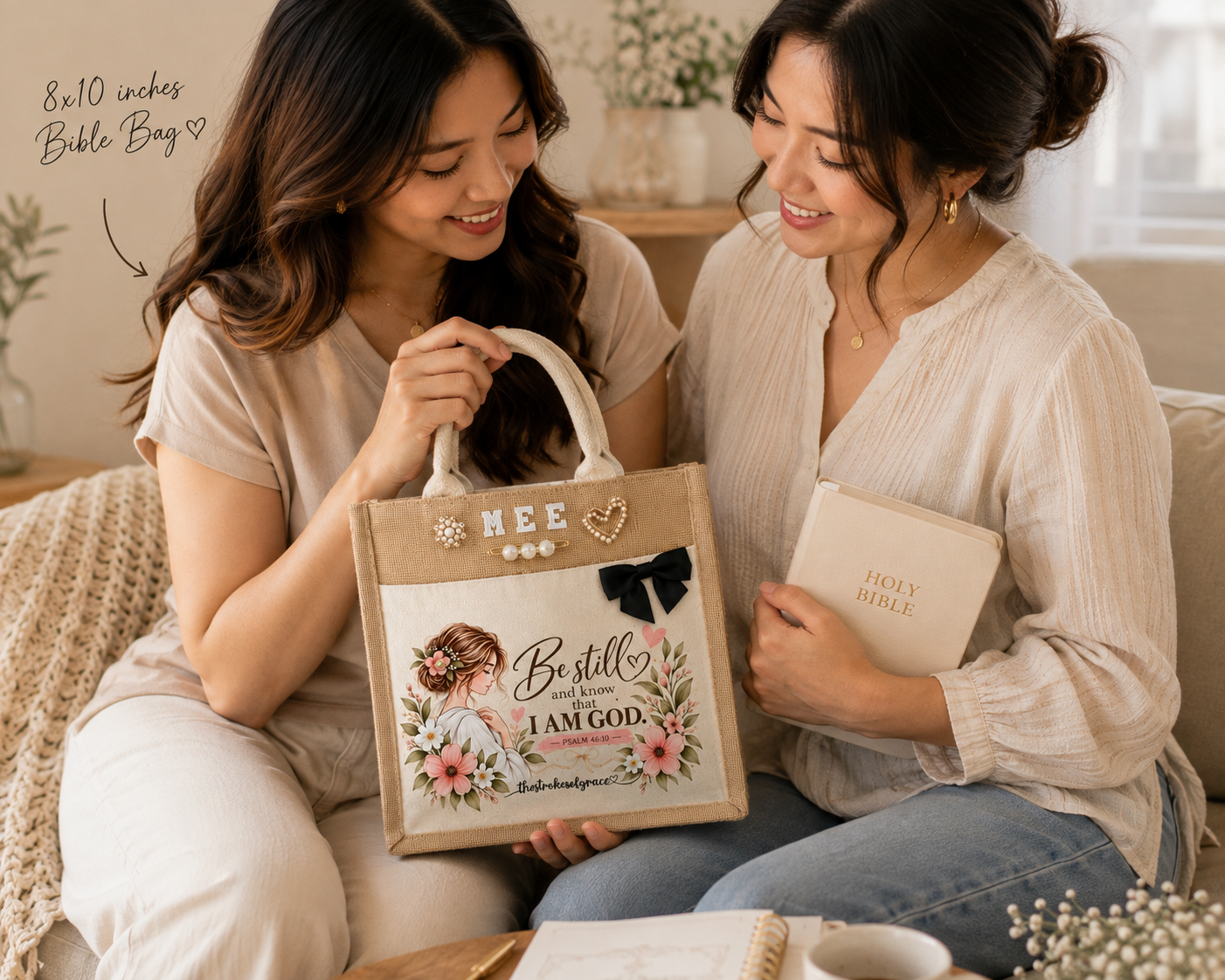 Two friends on a sofa holding the 8x10 inch Be Still jute Bible bag personalized with three chenille letters, one holding her Bible