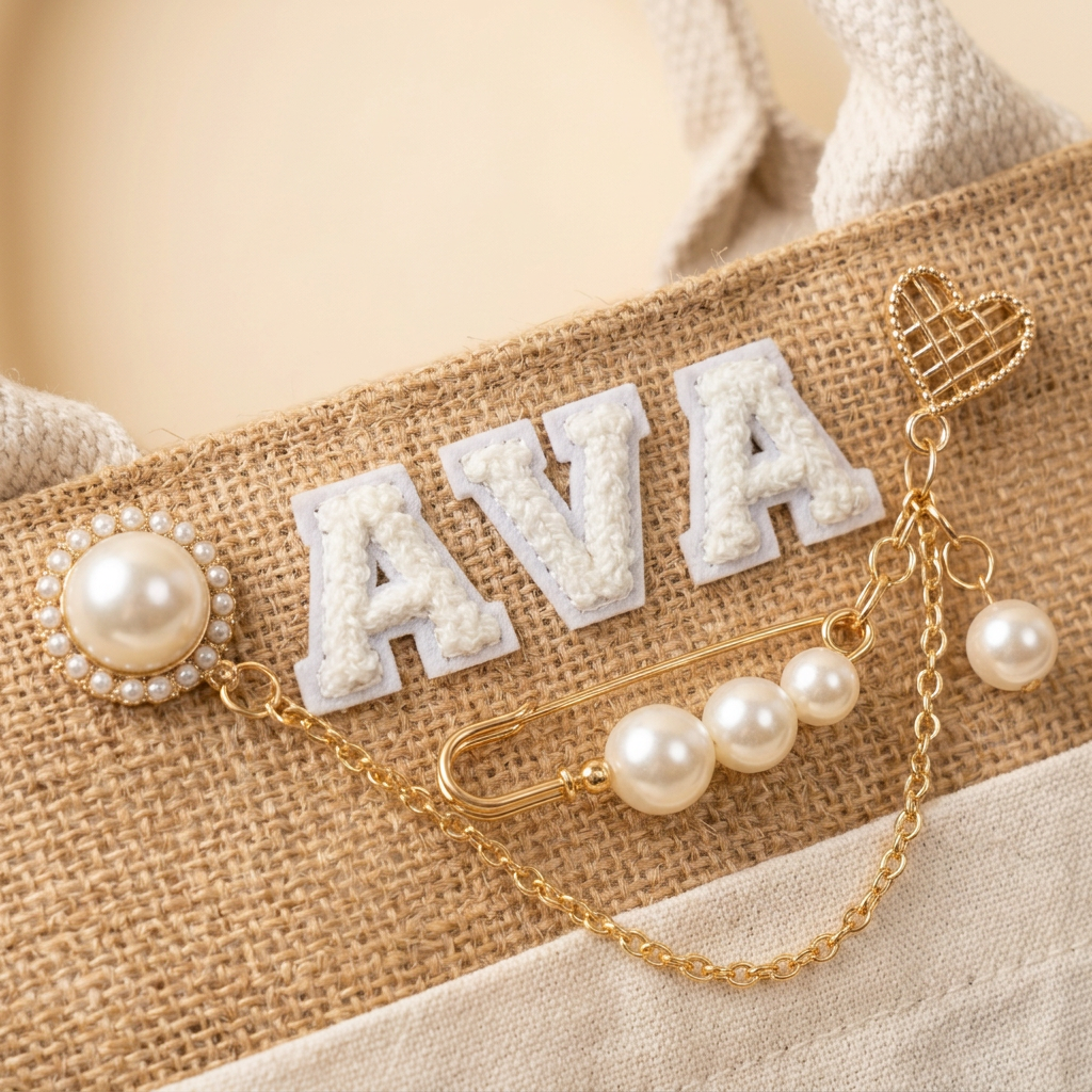 Close-up of white chenille letters spelling a three-letter name on the jute band with pearl brooch and gold chain