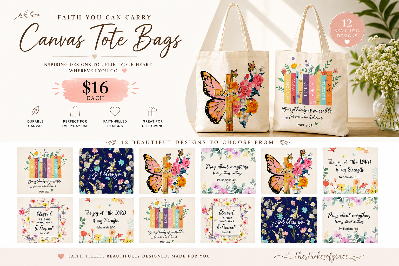 Twelve faith-filled canvas tote designs with Bible verses and watercolor florals