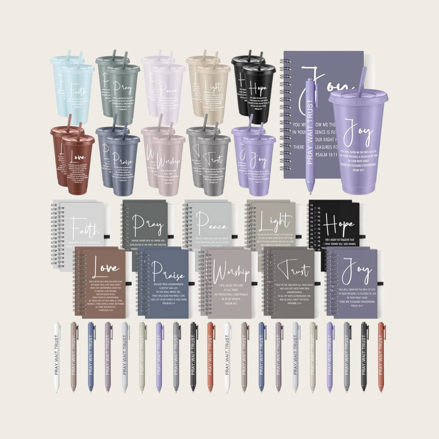 Full lineup of scripture tumblers, spiral journals and Pray Wait Trust gel pens in every color