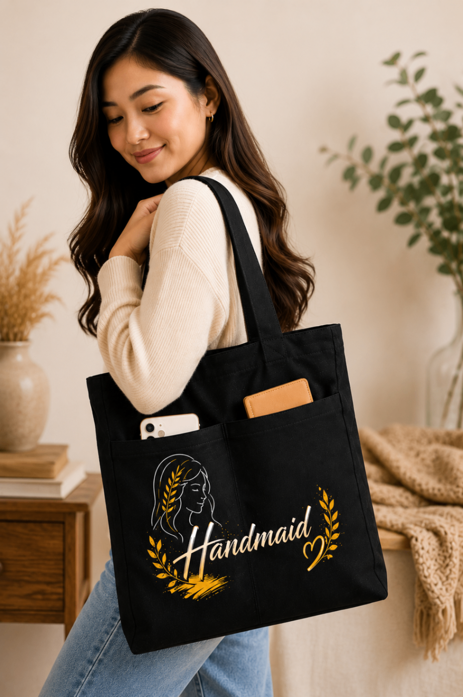 Woman carrying the black Handmaid canvas tote on her shoulder