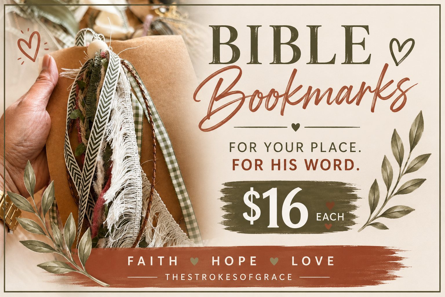 Handmaid Bible bookmarks with green, gingham and fringe ribbon tassels resting on an open Bible — $16 each