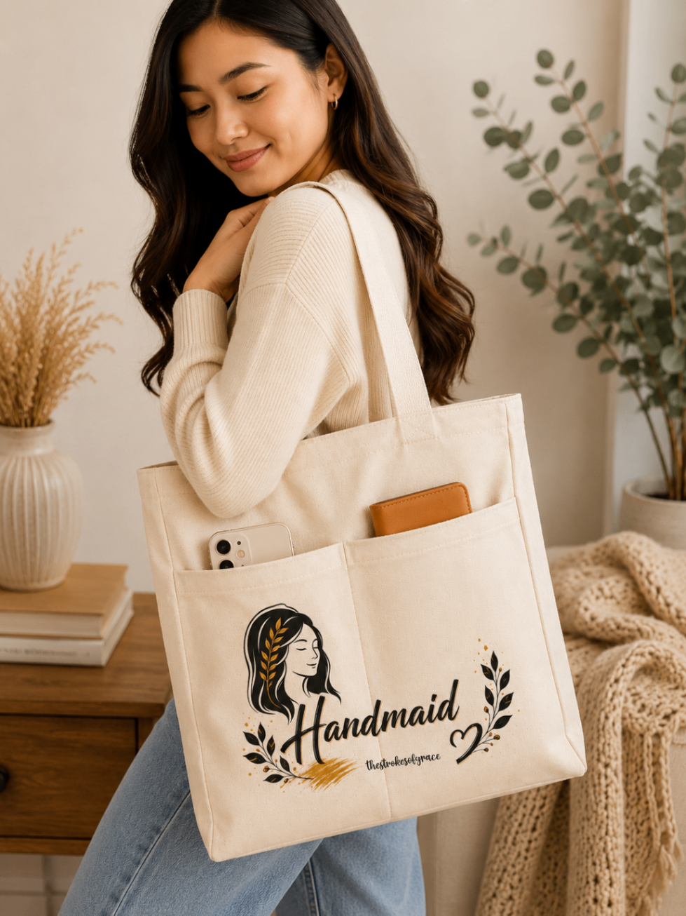 Woman carrying the cream Handmaid canvas tote on her shoulder