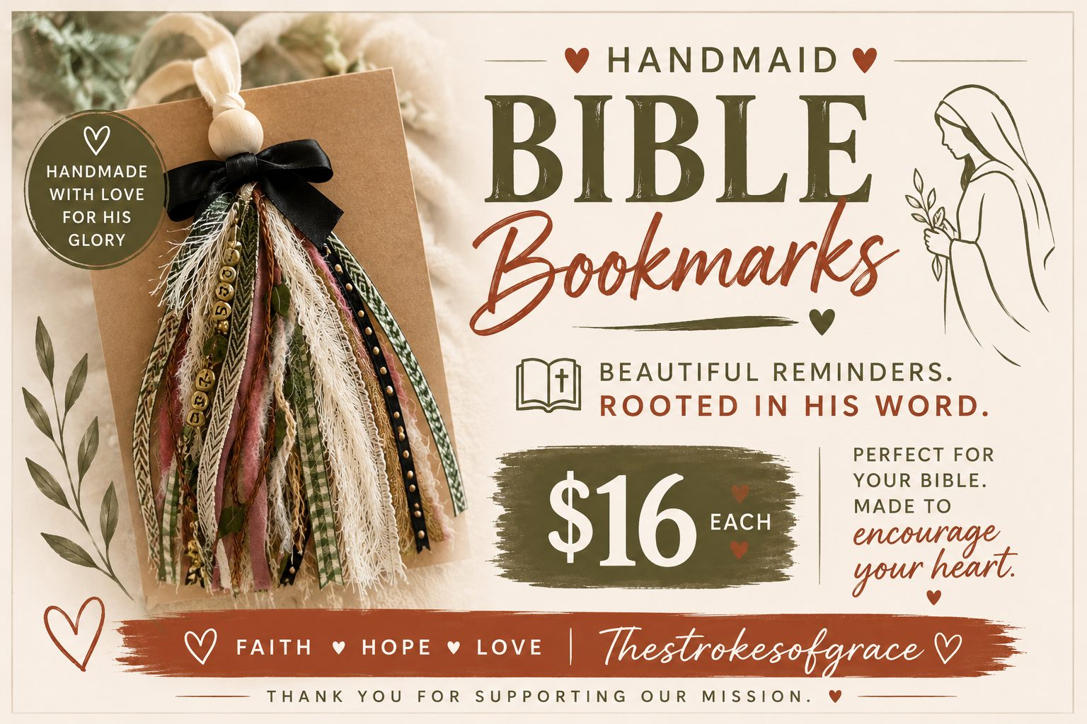 Handmaid Bible bookmark with a black satin bow, gold letter beads and a mixed ribbon tassel