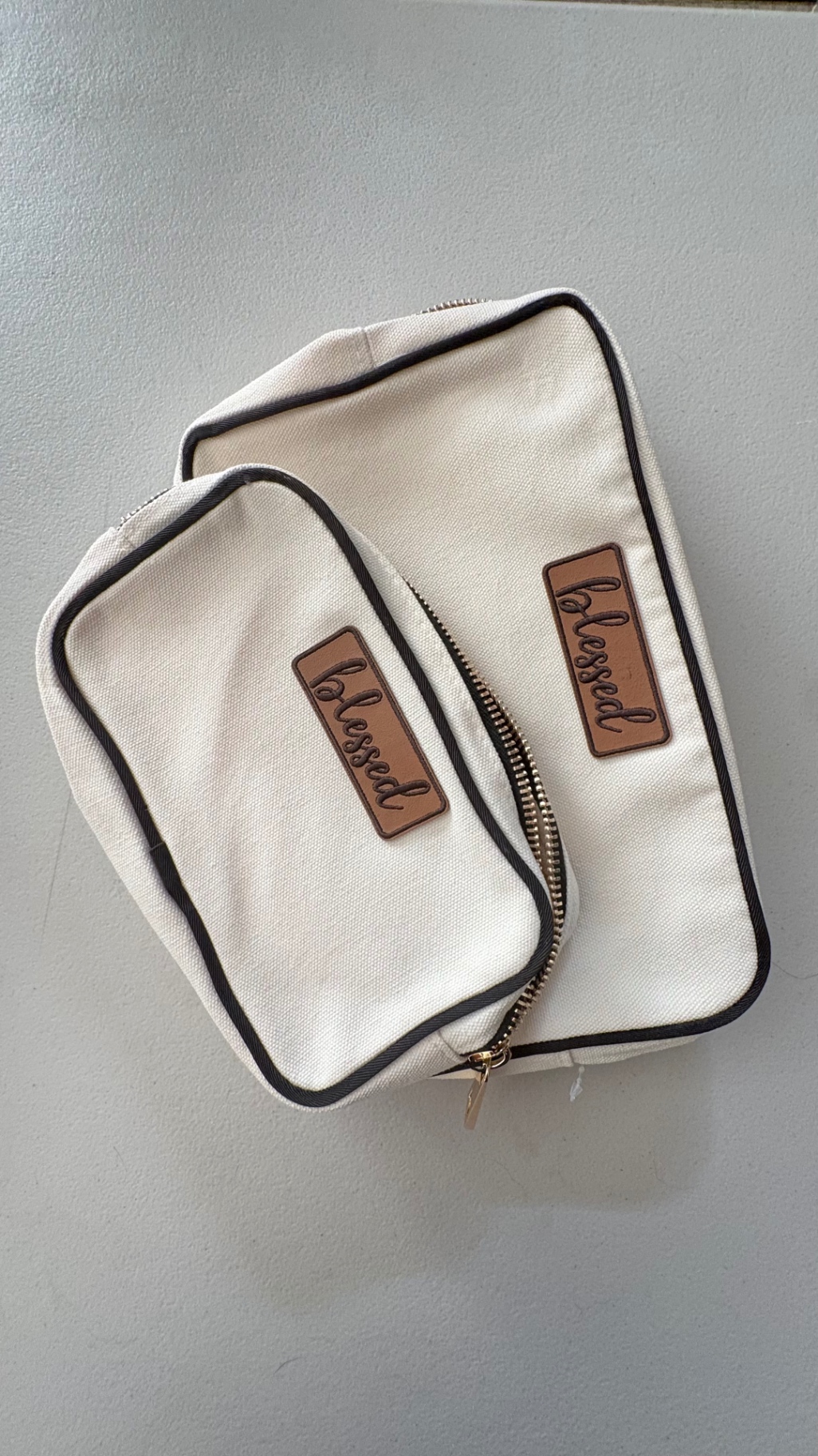 Small and large Blessed Bible Bags in cream canvas with leather patch
