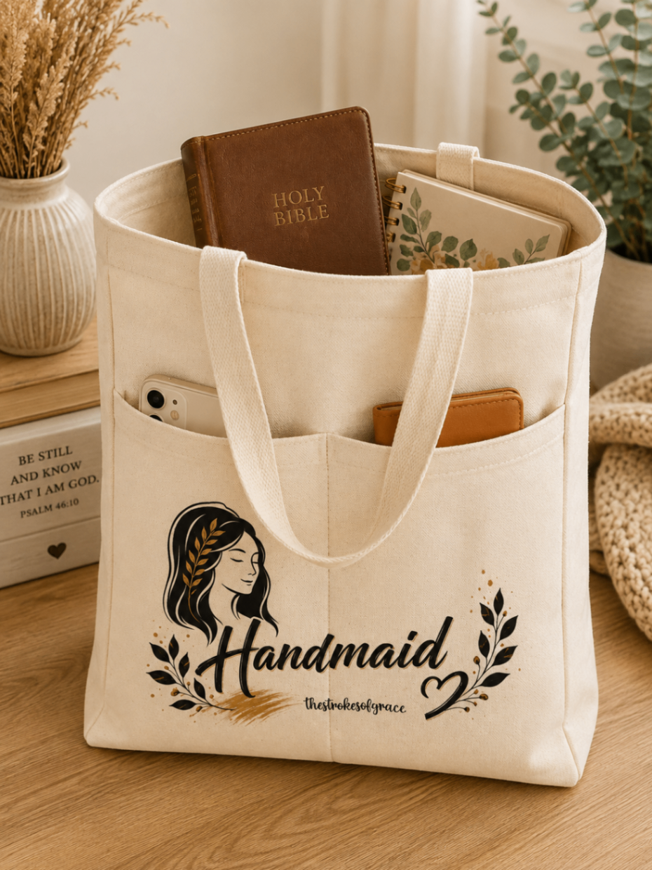 Cream Handmaid canvas tote holding a Bible and journal