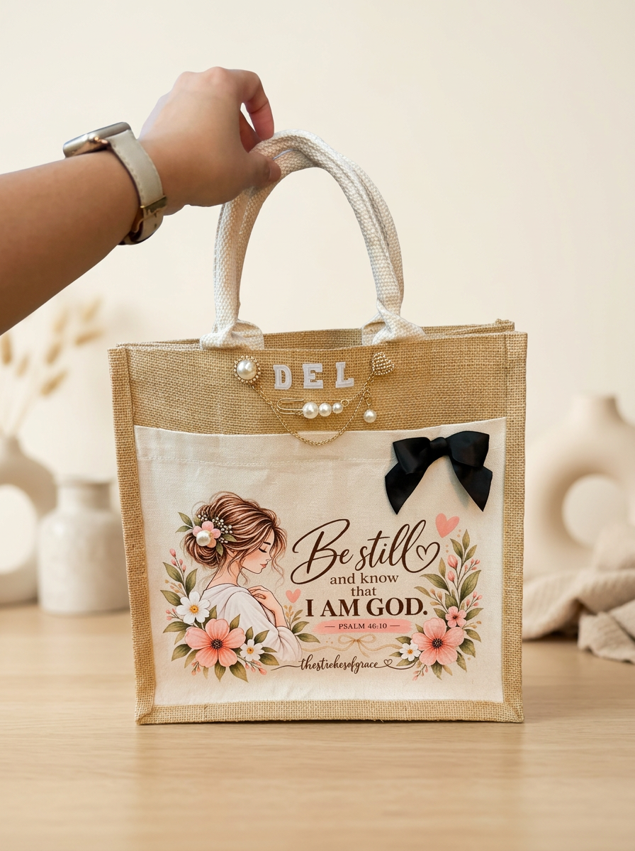 Personalized Be Still jute tote held by the woven handles showing the pearl pin detail