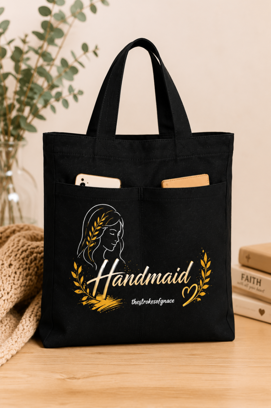 Black Handmaid canvas tote with gold lettering