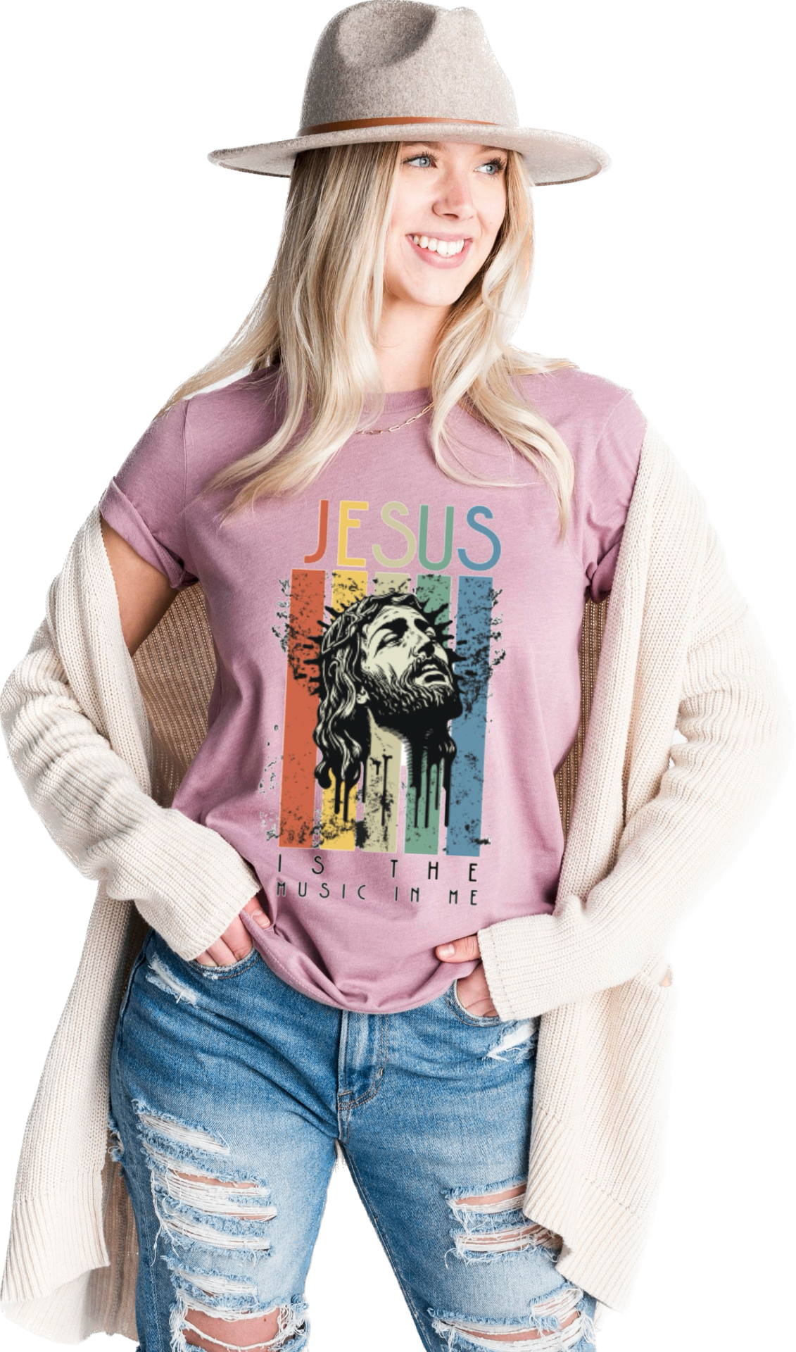 Woman in mauve Jesus Is The Music In Me tee with cream cardigan