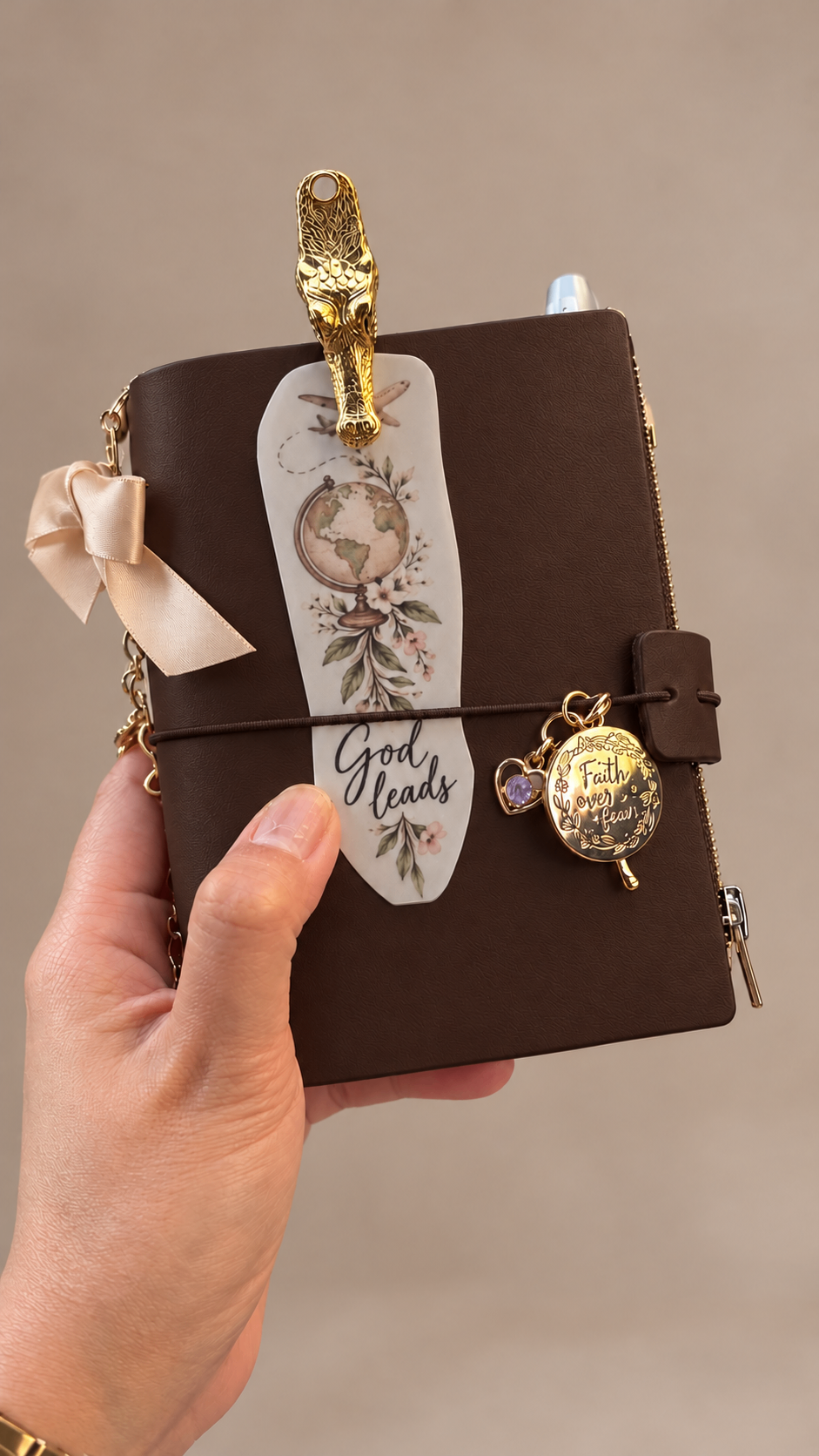 Espresso Brown passport journal with God Leads bookmark and gold clip