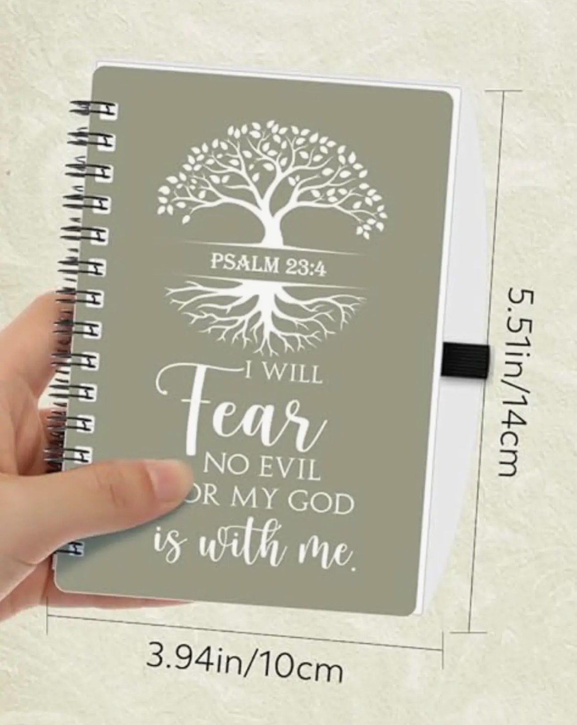 Psalm 23:4 sage green Faith Tree scripture journal held in hand