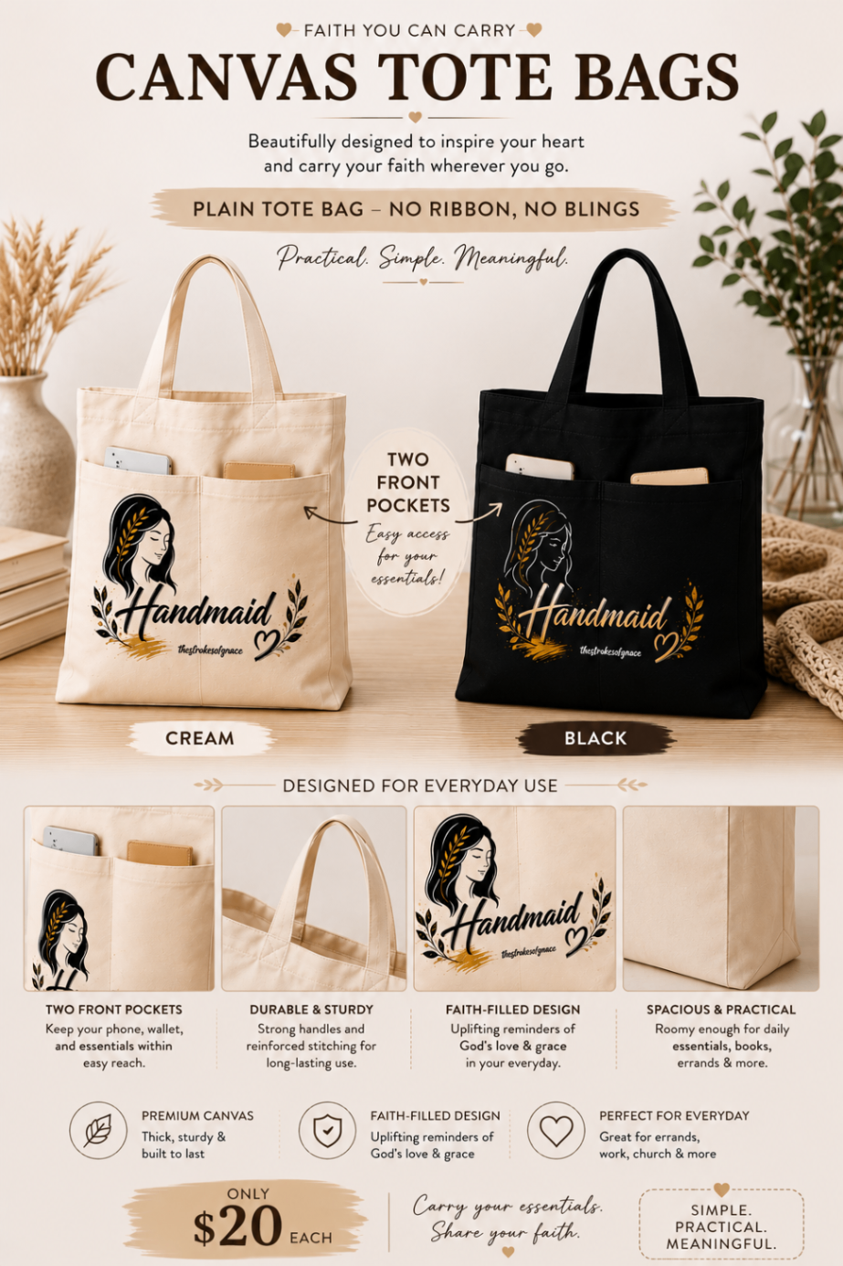 Handmaid canvas tote features — two front pockets, durable stitching, roomy interior