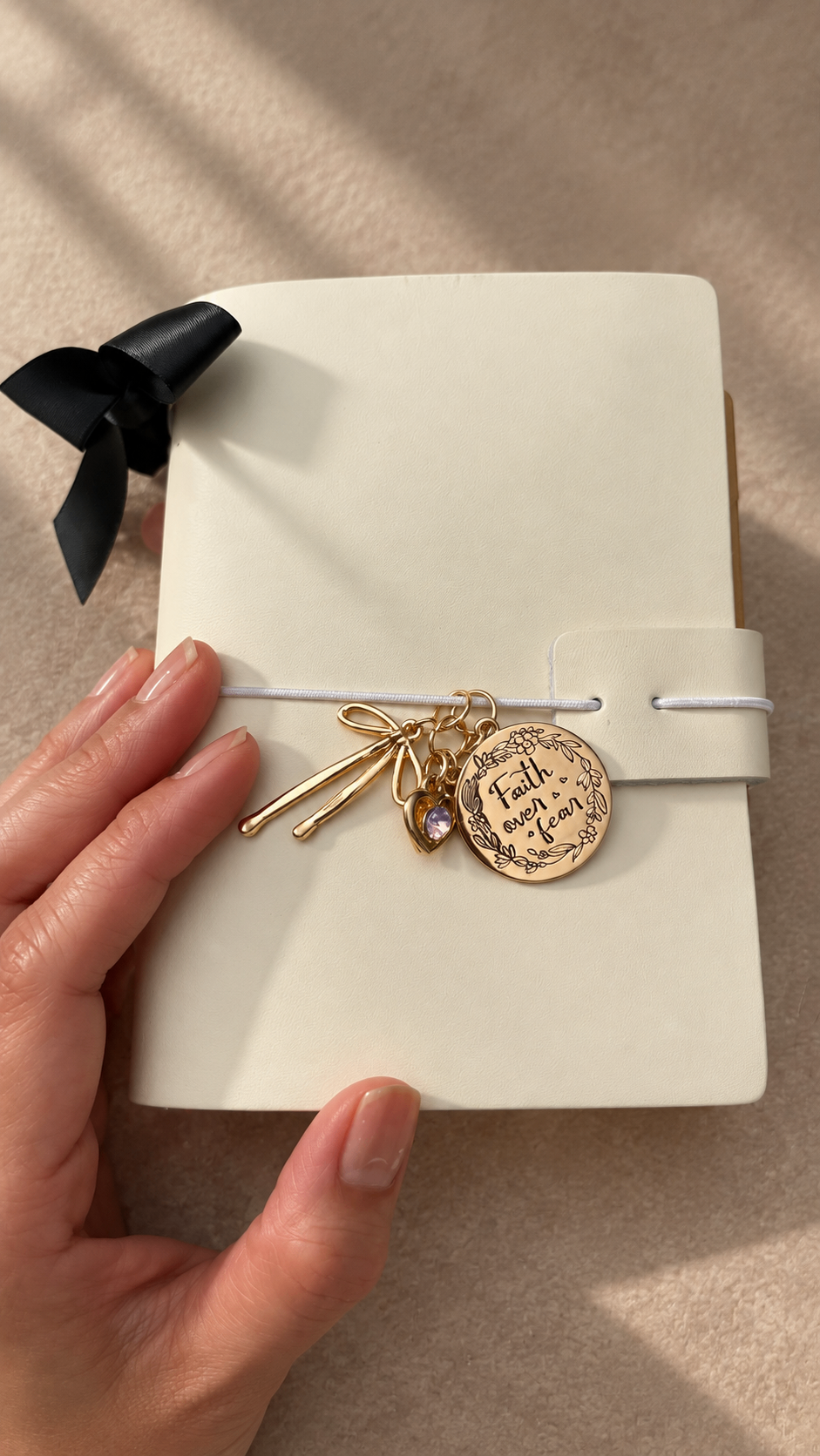 Cream passport journal with Faith over Fear charm and black bow