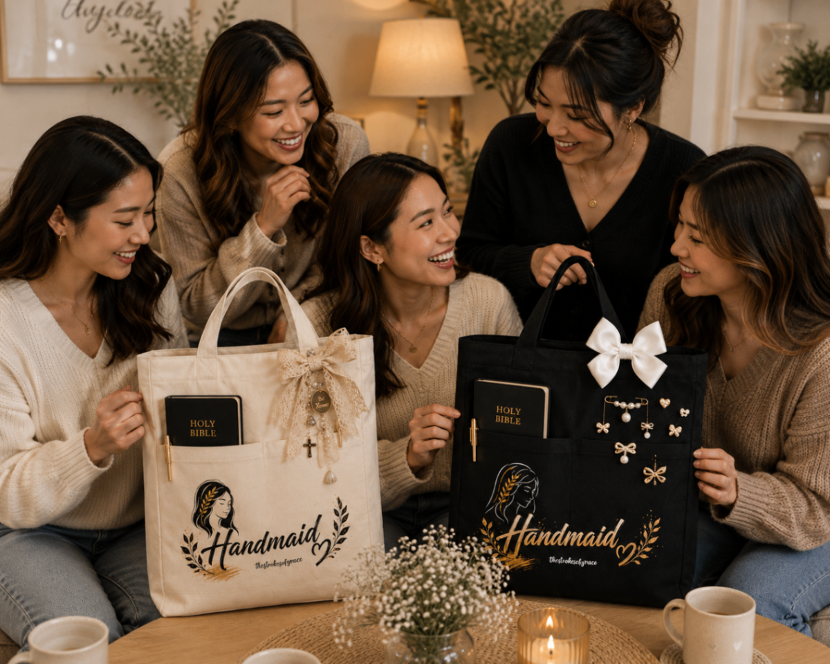 Cream and black Handmaid totes with ribbon and charm accents