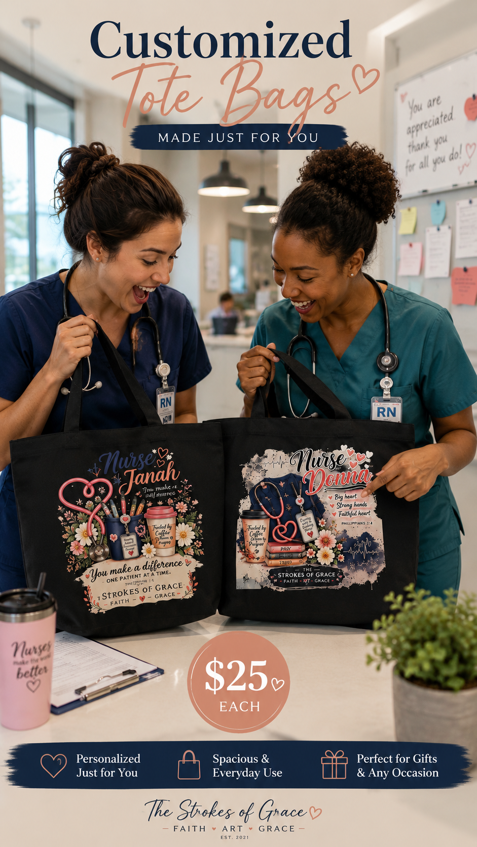 Two personalized black tote bags with custom name artwork held side by side