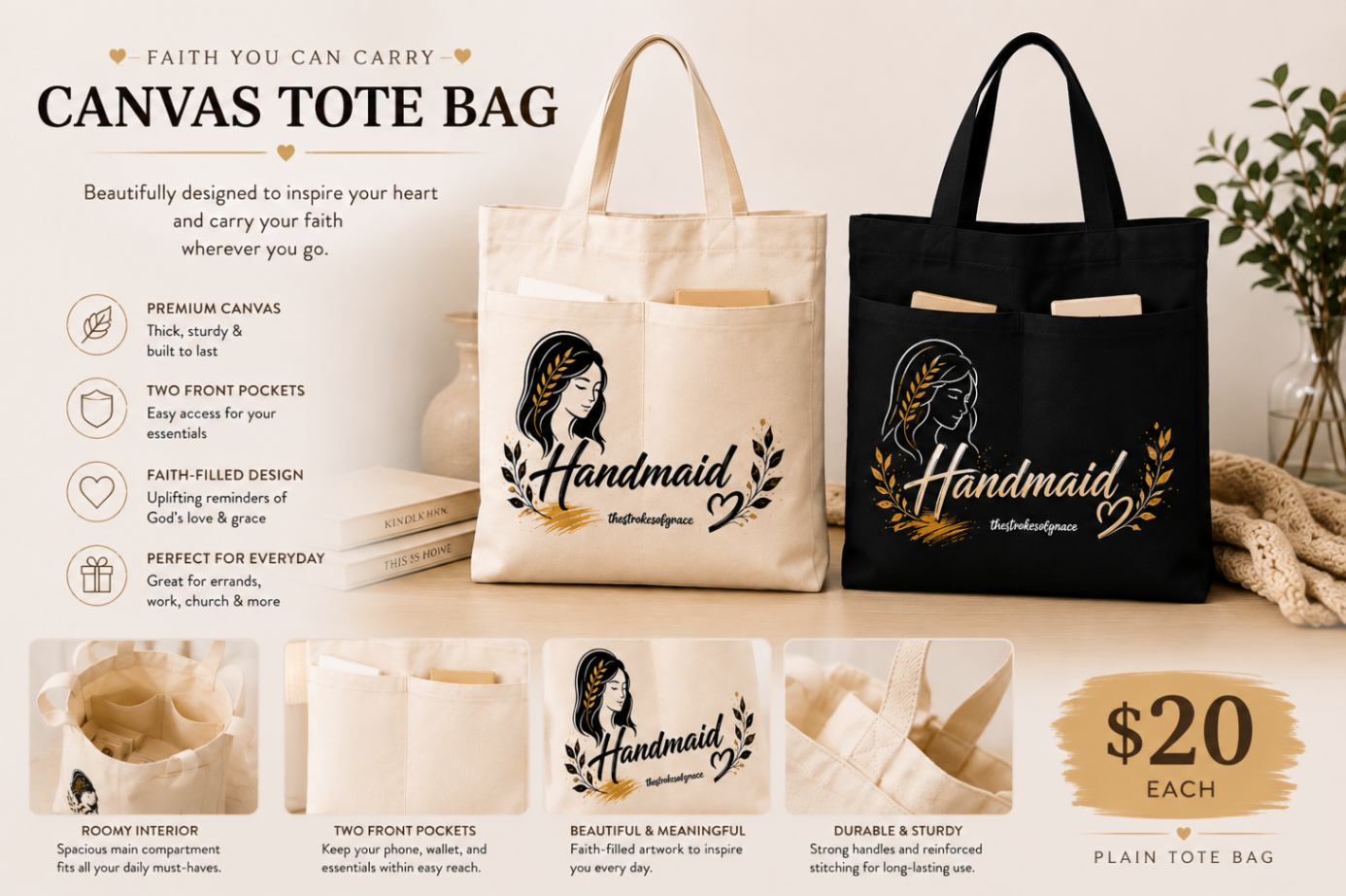 Handmaid canvas tote bags in cream and black with two front pockets