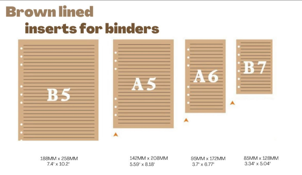 Binder insert size chart — B5, A5, A6 and B7 lined inserts with measurements