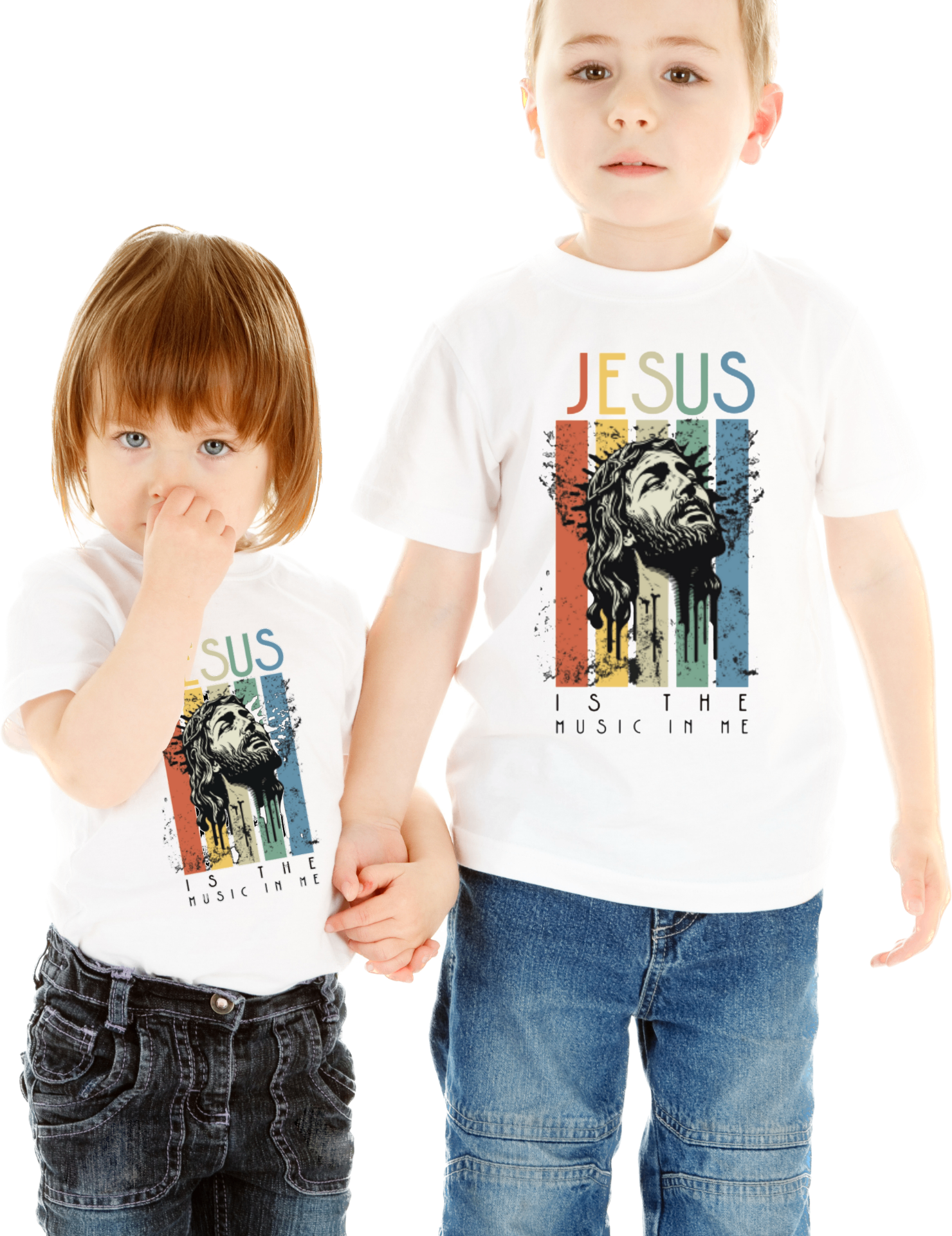 Two kids wearing white Jesus Is The Music In Me tees