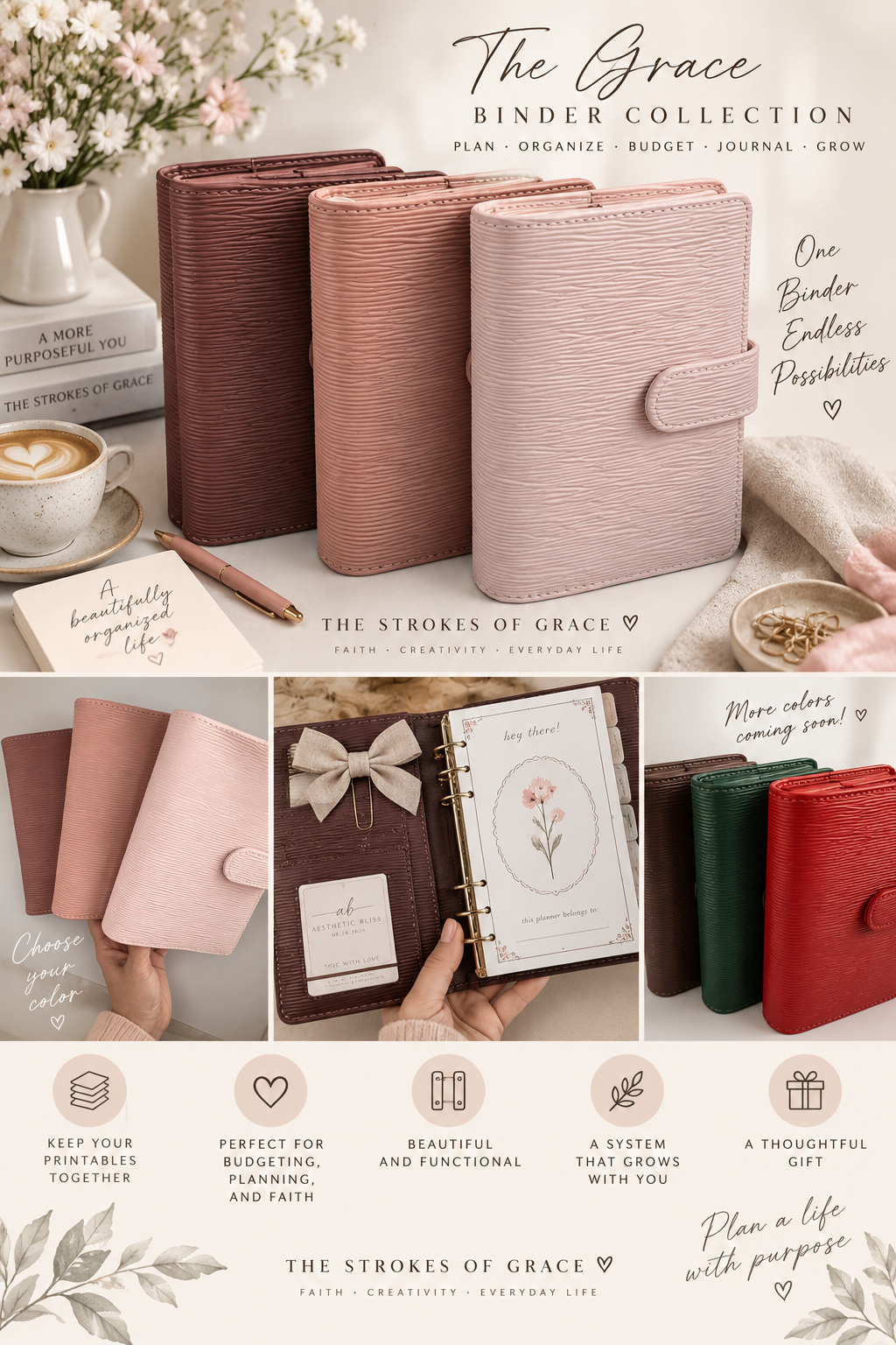 The Grace Binder Collection — burgundy, rose and blush textured binders with the caption one binder, endless possibilities