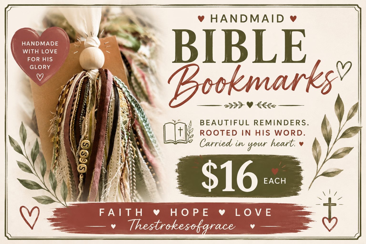 Handmaid Bible bookmark on a kraft gift card with brass letter beads and layered ribbons, made with love for His glory