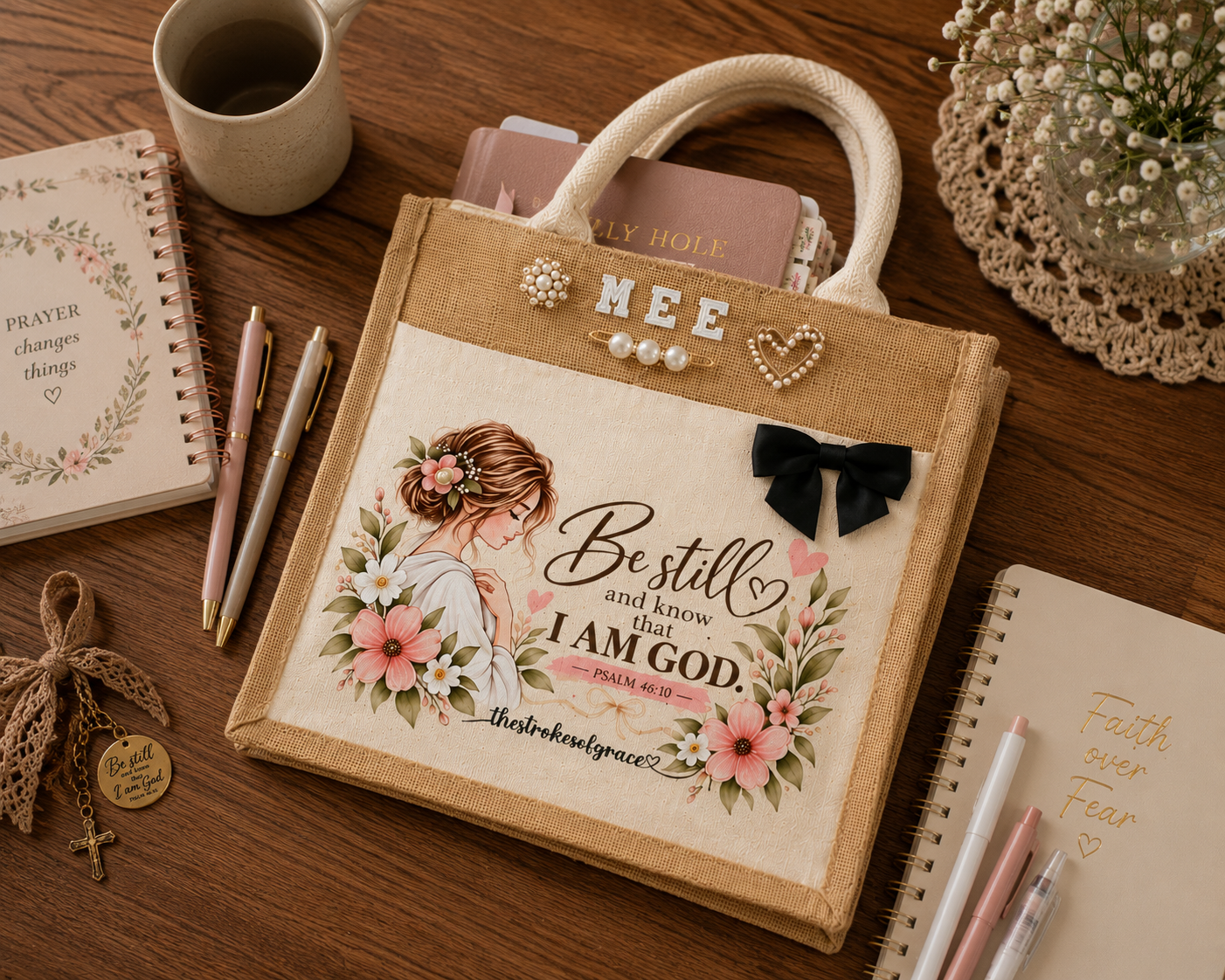 Be Still jute Bible bag on a wooden desk packed with a Bible and journals, beside prayer notebooks, pens and a Be Still tassel charm