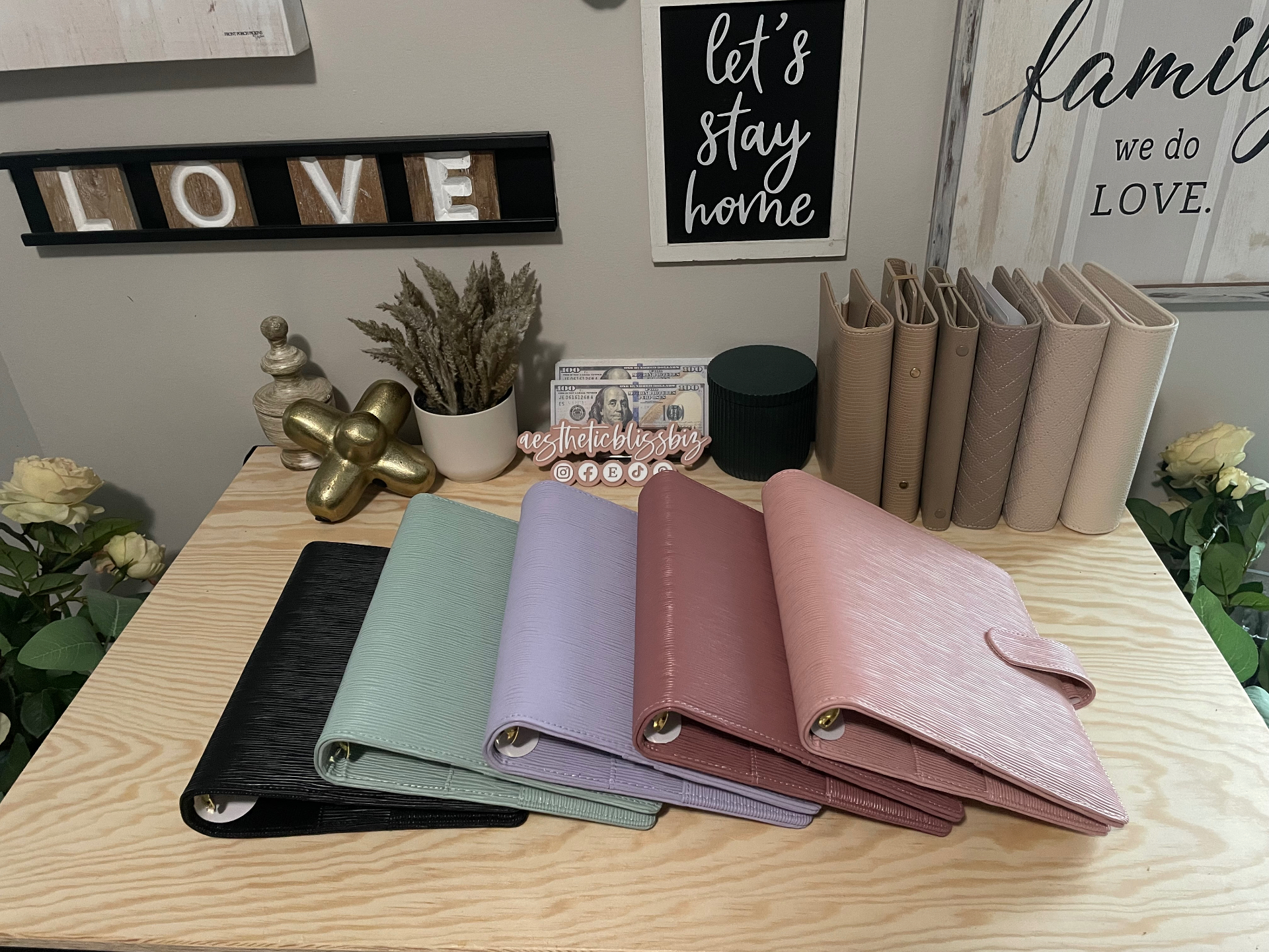 Julynne Collection fine-line cash budgeting binders in black, sage, lilac, mauve and blush