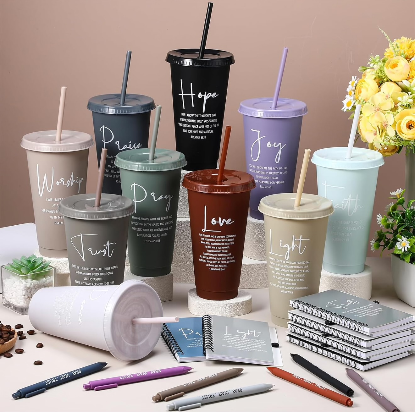 Scripture tumblers in Hope, Joy, Faith, Love, Pray, Trust, Worship and Light with matching journals and pens