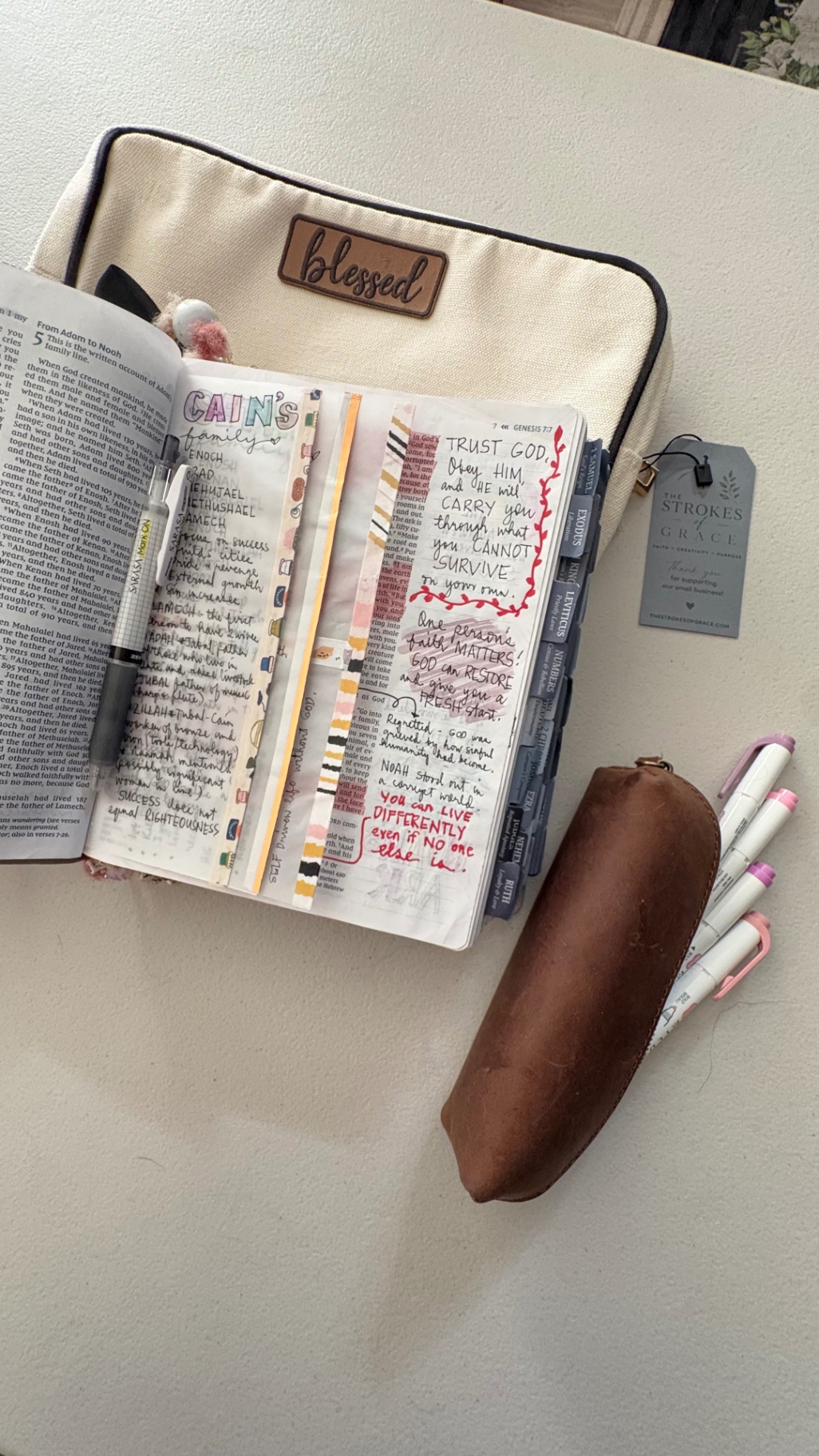 Large Blessed Bible Bag open with journaling Bible and markers