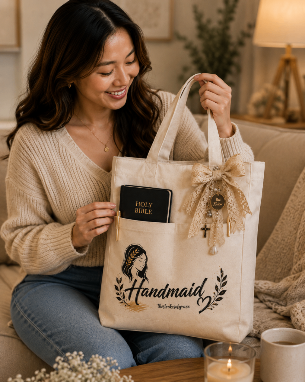 Cream Handmaid tote with lace ribbon, pearl charms and cross