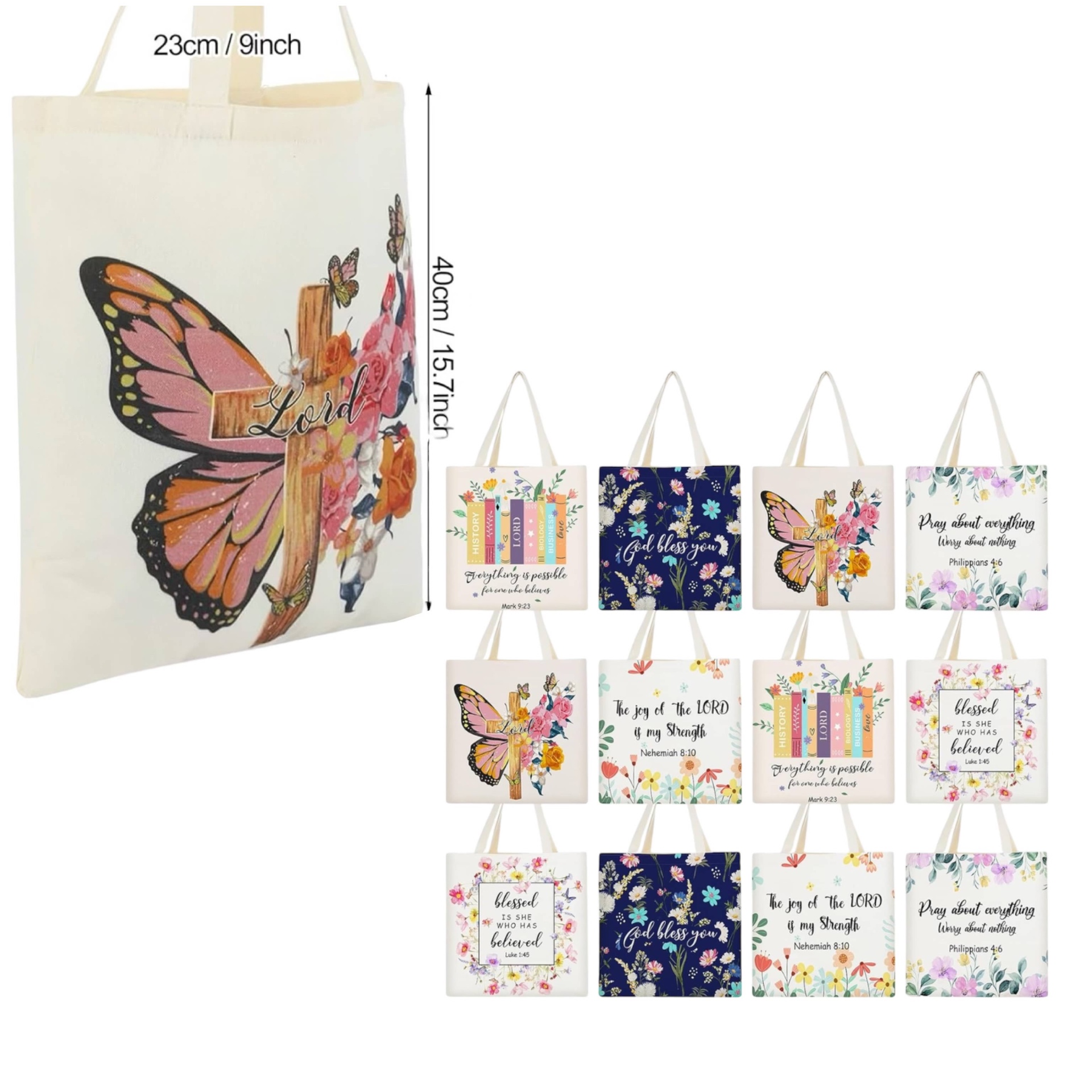 Butterfly cross Lord canvas tote bag shown with 23cm by 40cm sizing