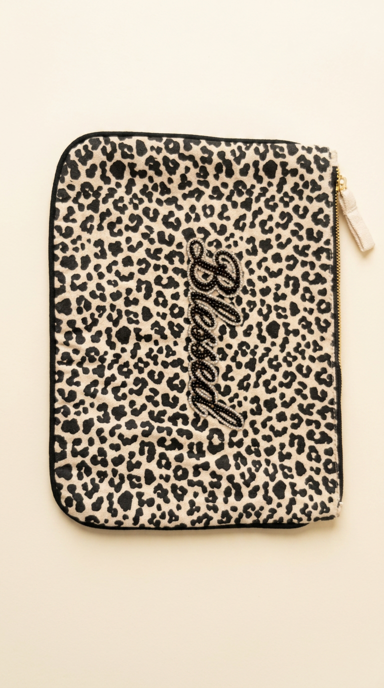 Blessed leopard canvas journaling pouch with beaded script