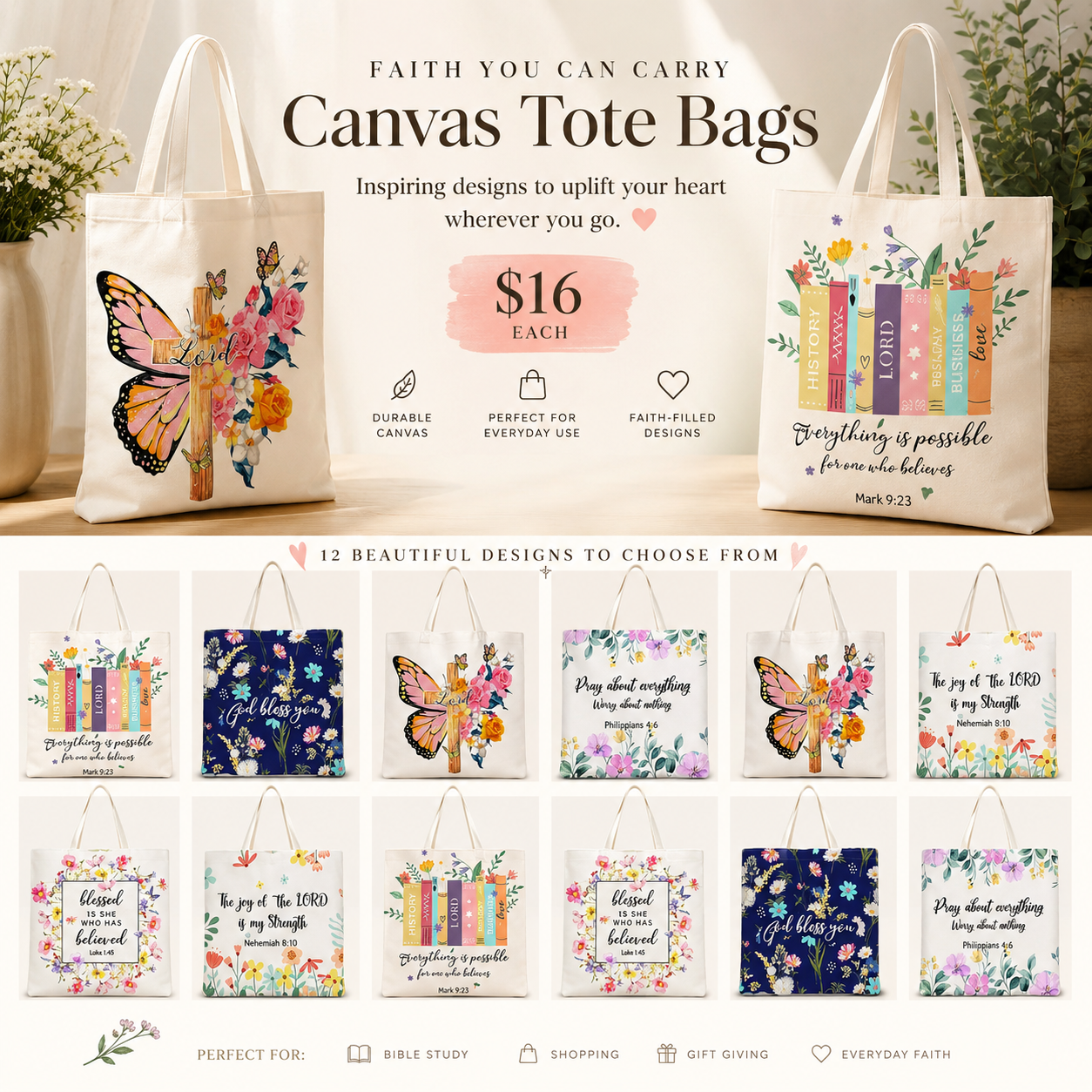 Faith You Can Carry canvas tote bags with butterfly cross and Scripture book designs