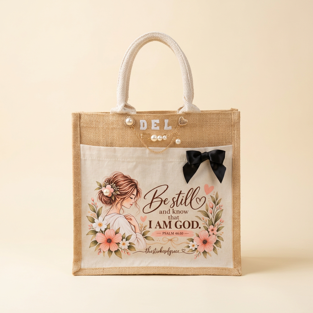 Be Still jute Bible tote with cream canvas front pocket, Psalm 46:10 floral print, pearl pin and black satin bow