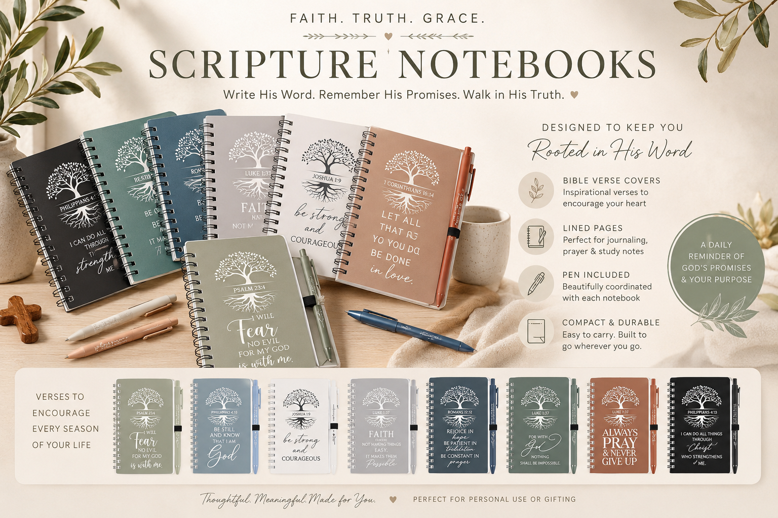 Scripture Notebooks collection — Faith. Truth. Grace. Bible verse covers with matching pens