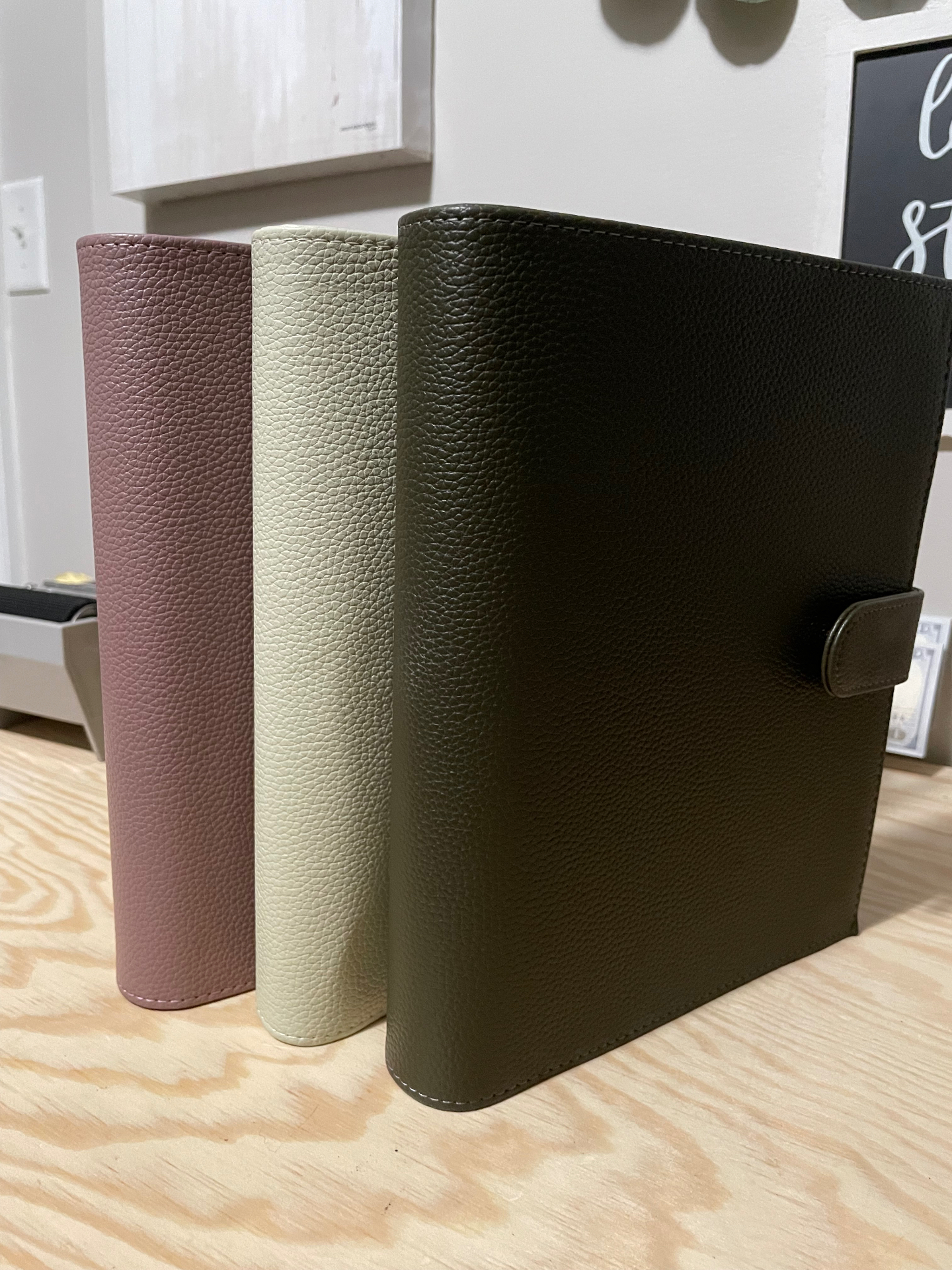Tori Collection pebble leather cash budgeting binders in mauve, cream and olive