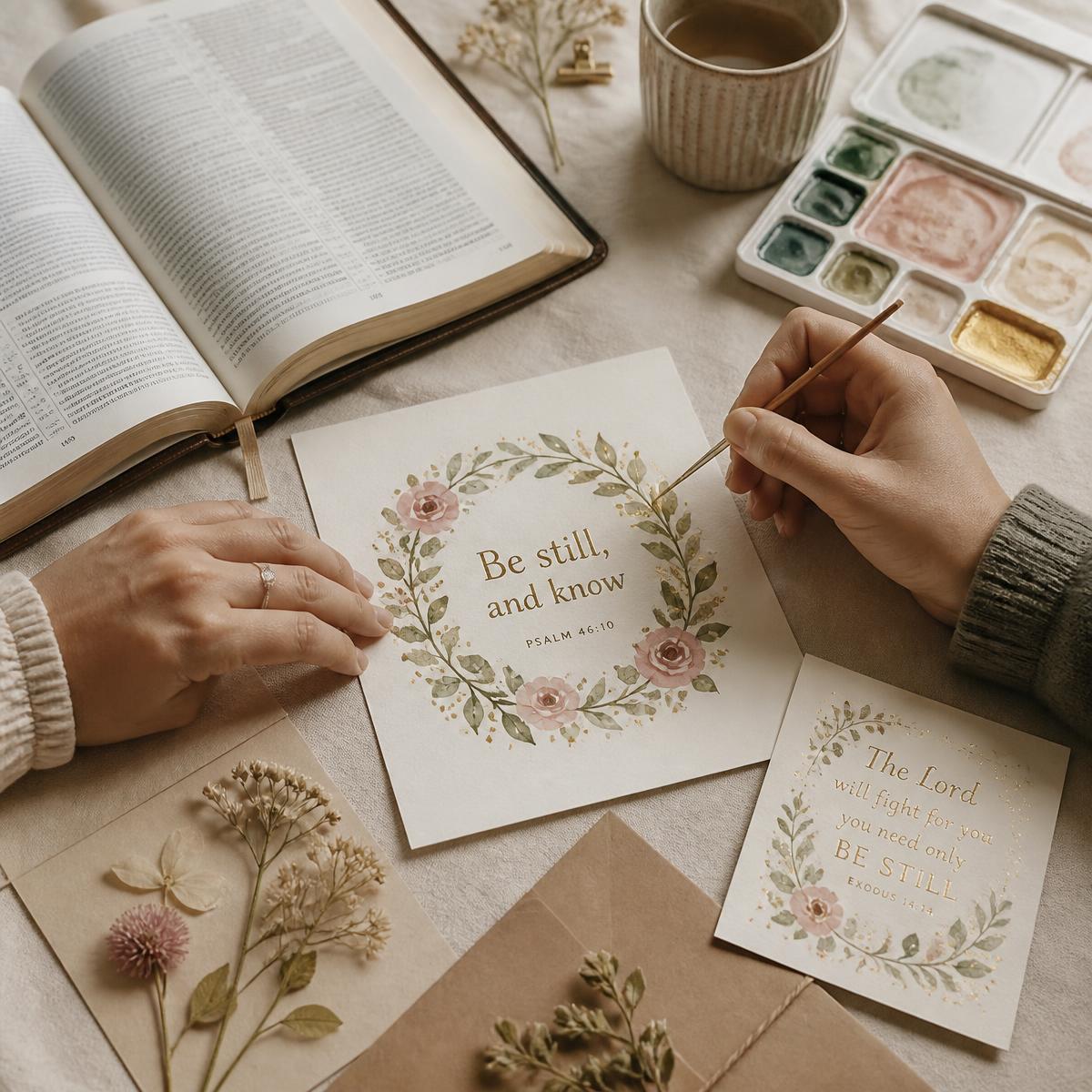A husband and wife painting watercolor scripture art together