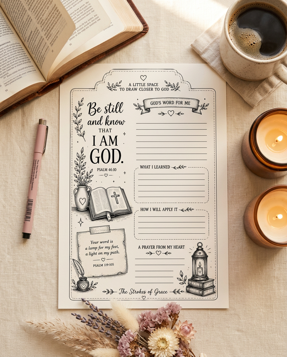 Be Still Psalm 46:10 devotional journaling page flatlay with an open Bible, coffee, candles and a pink pen