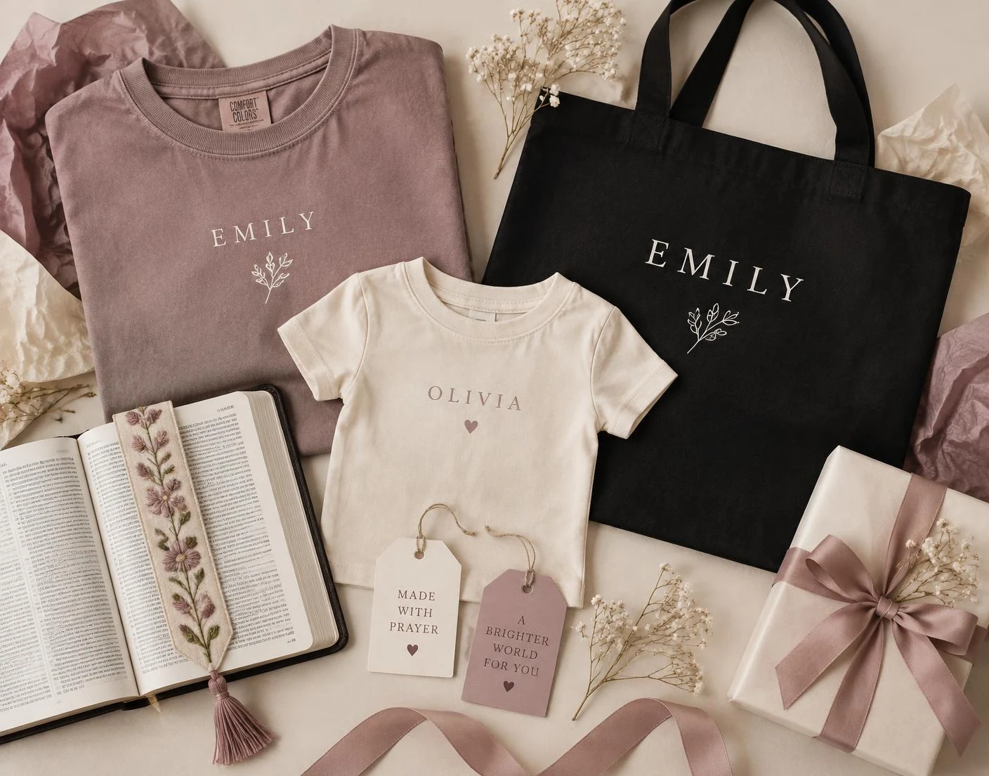Coordinated personalized adult and kids shirts with a custom tote gift set