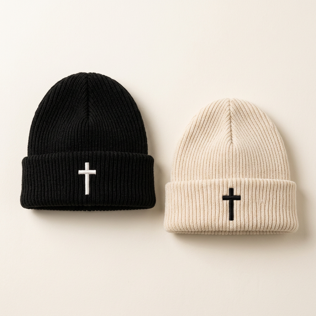Black and cream rib-knit beanies with simple embroidered crosses and no CFC branding