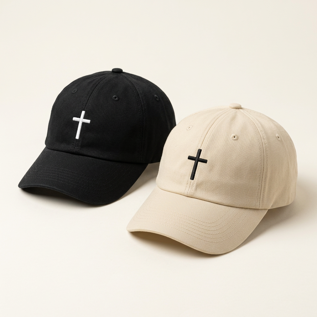 Black and cream cotton caps with simple embroidered crosses and no CFC branding