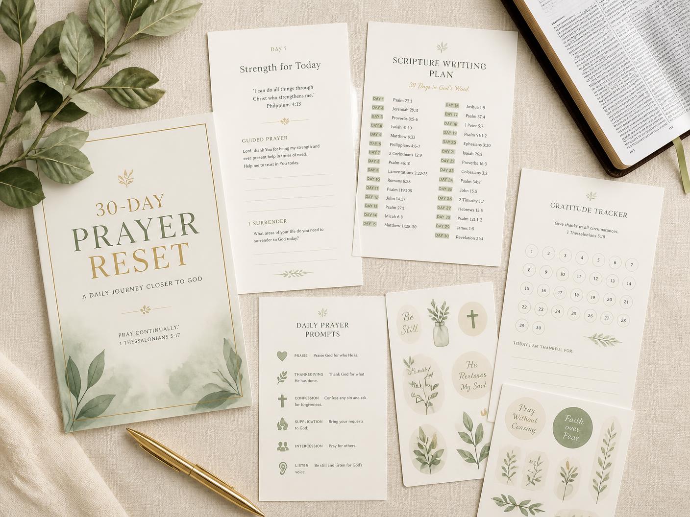 30-Day Prayer Reset printable kit — cover, guided prayer pages, Scripture writing plan, gratitude tracker and sticker tip-ins