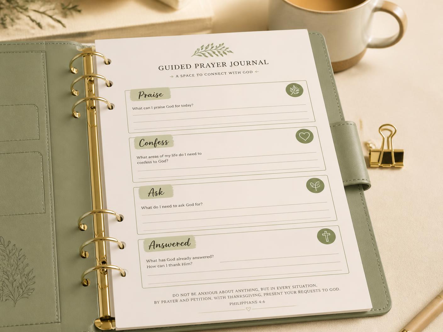 Guided prayer journal page with Praise, Confess, Ask and Answered sections in a sage binder
