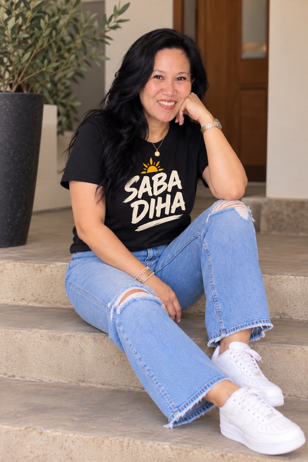 Saba Diha and Adobo Republic tees in blue, white, brown, olive, pink, black and navy