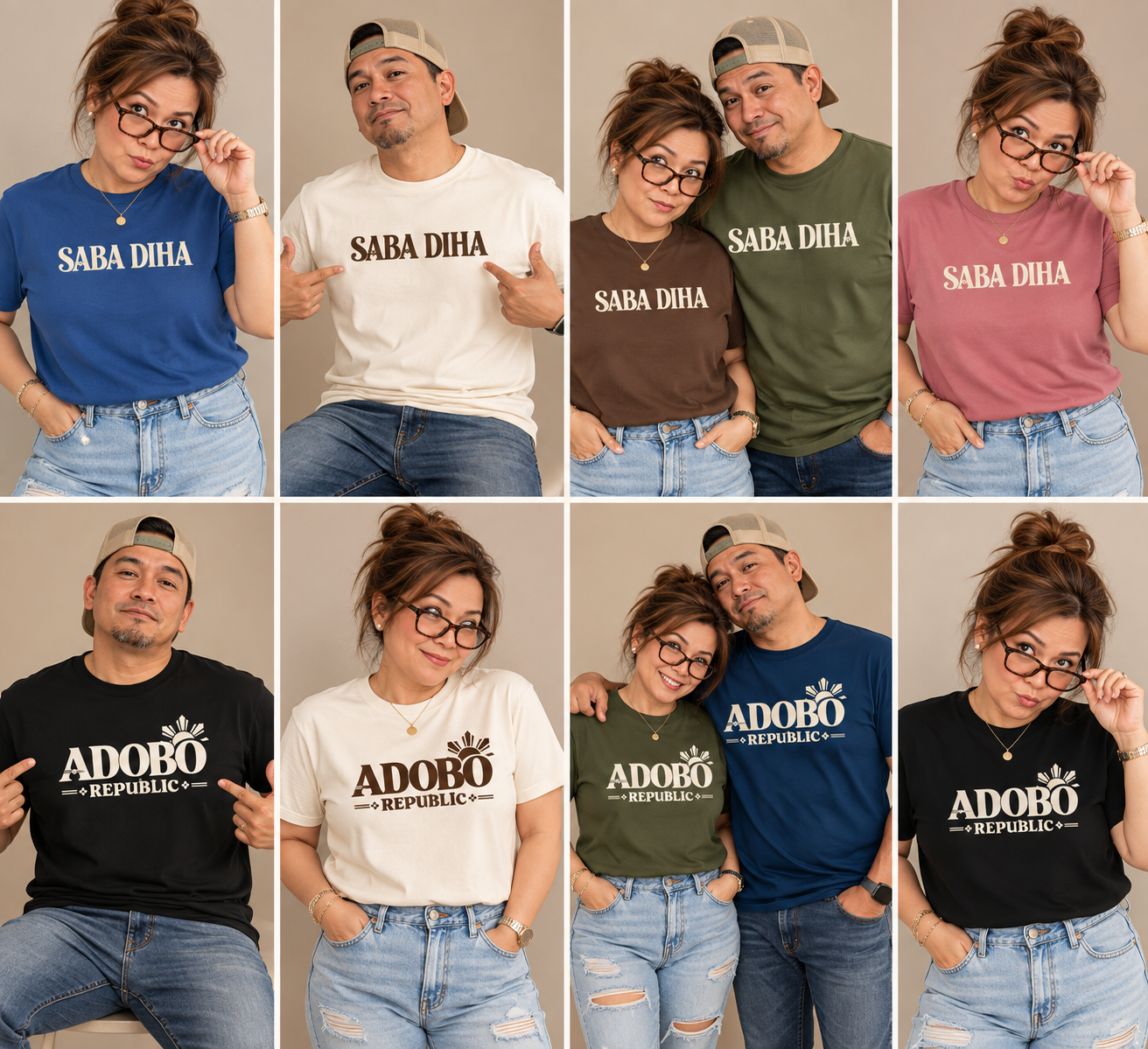 Saba Diha and Adobo Republic tees in blue, white, brown, olive, pink, black and navy