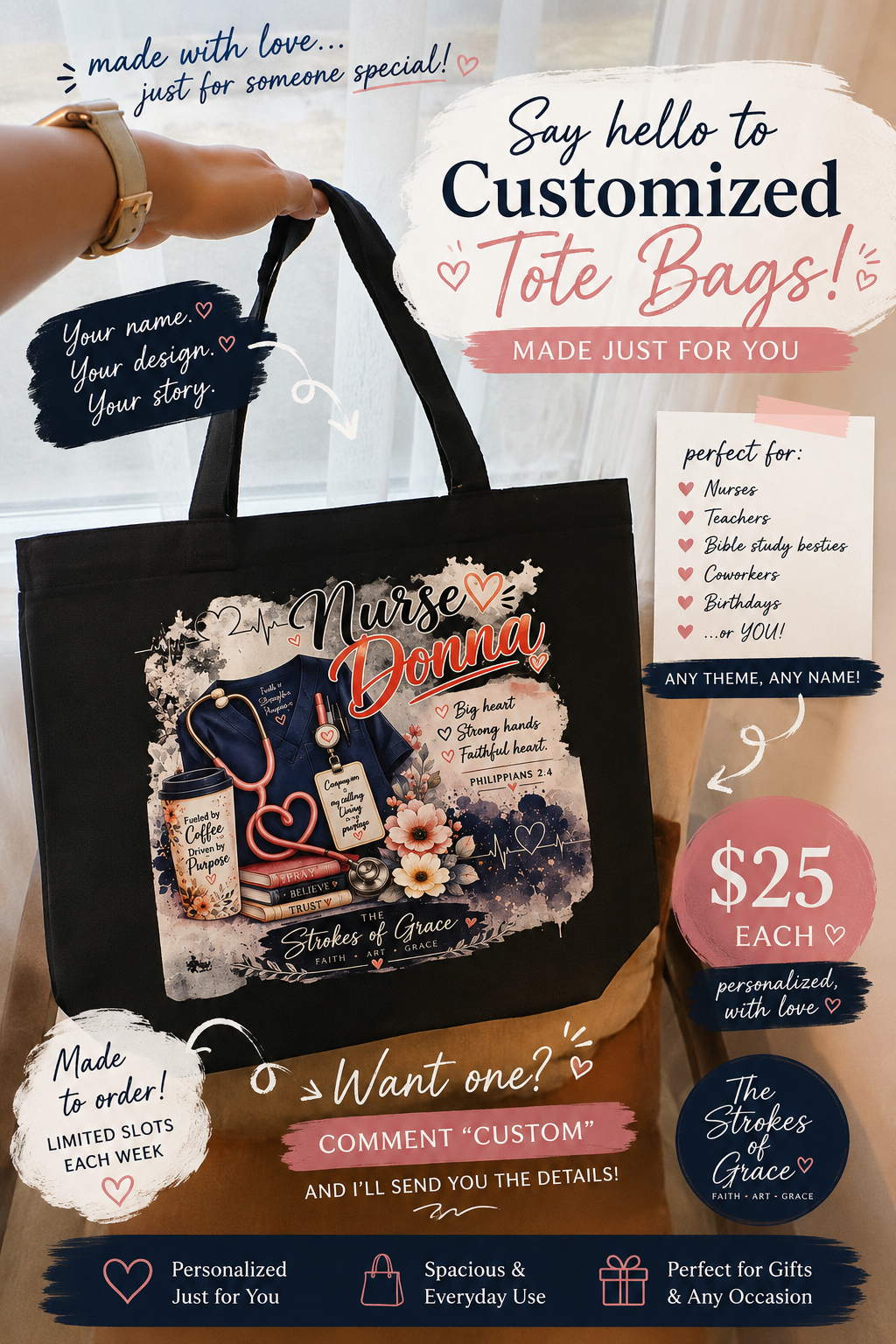 Personalized Custom tote bags / Thestrokesofgrace