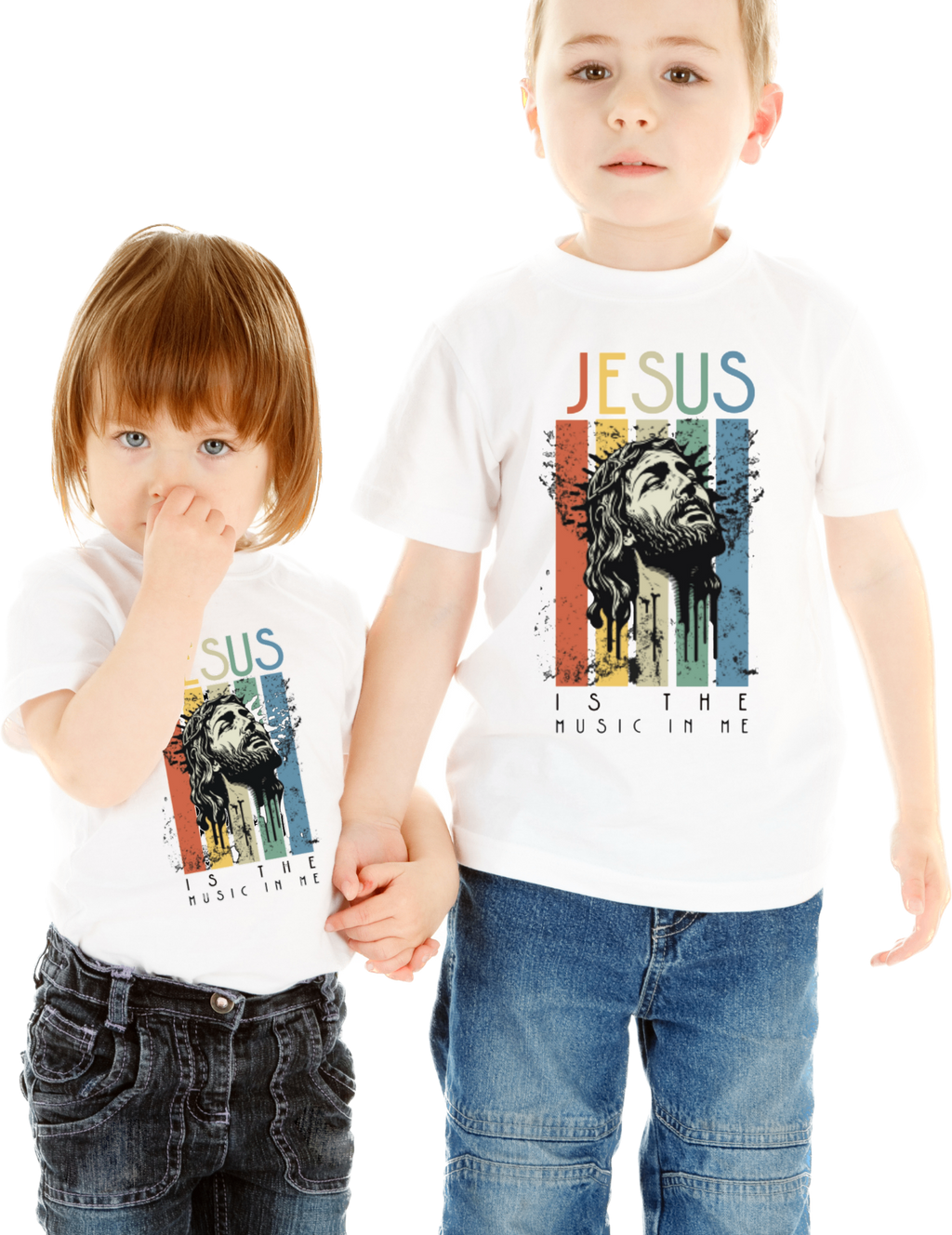 Kids wearing Jesus Is The Music In Me tees